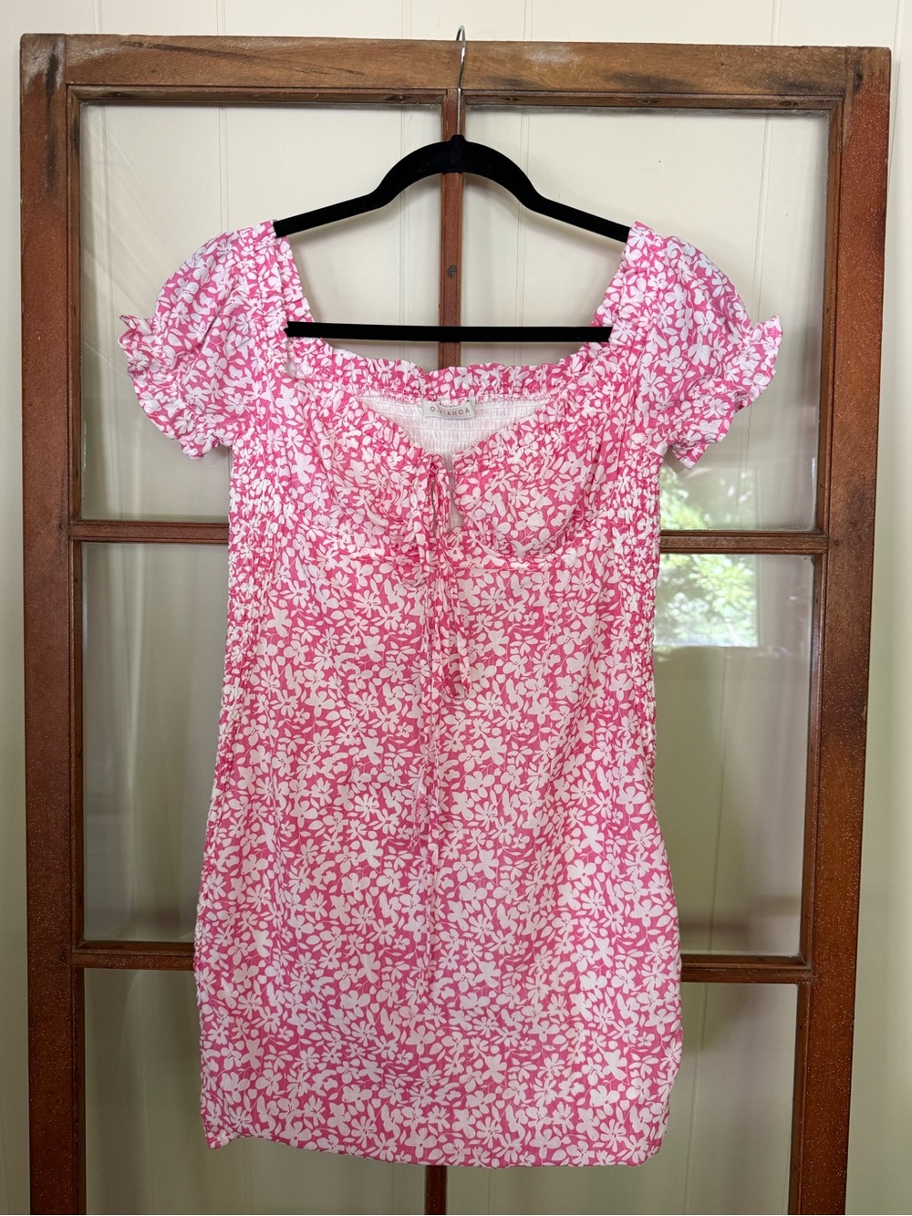 O. Vianca Pink and White Floral Smocked Back Mini Dress Size Large Cottagecore